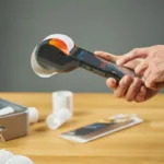 Tangan mengoperasikan printer struk portabel dengan hasil cetakan di atas meja