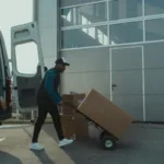 Petugas pengiriman mendorong troli berisi kotak paket di luar gudang ekspedisi